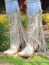 Studs Embroidered Snip-toe Slip-on Mid-Calf Western Cowboy Boots With Fringe